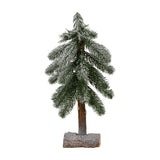 Hill Interiors Small Snowy Pine Tree with green plastic branches dusted white on a turned wooden stand, shown against a plain white background.