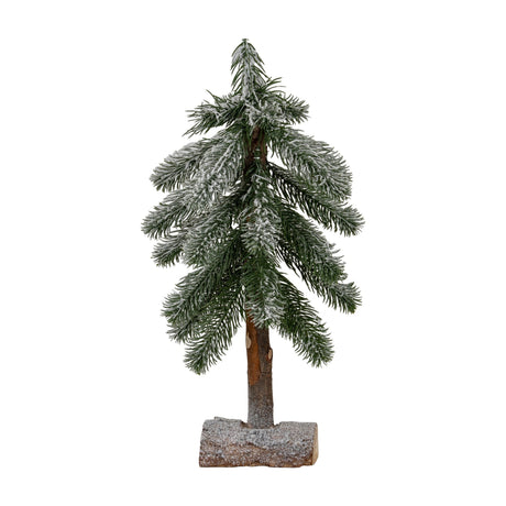 Hill Interiors Small Snowy Pine Tree with green plastic branches dusted white on a turned wooden stand, shown against a plain white background.