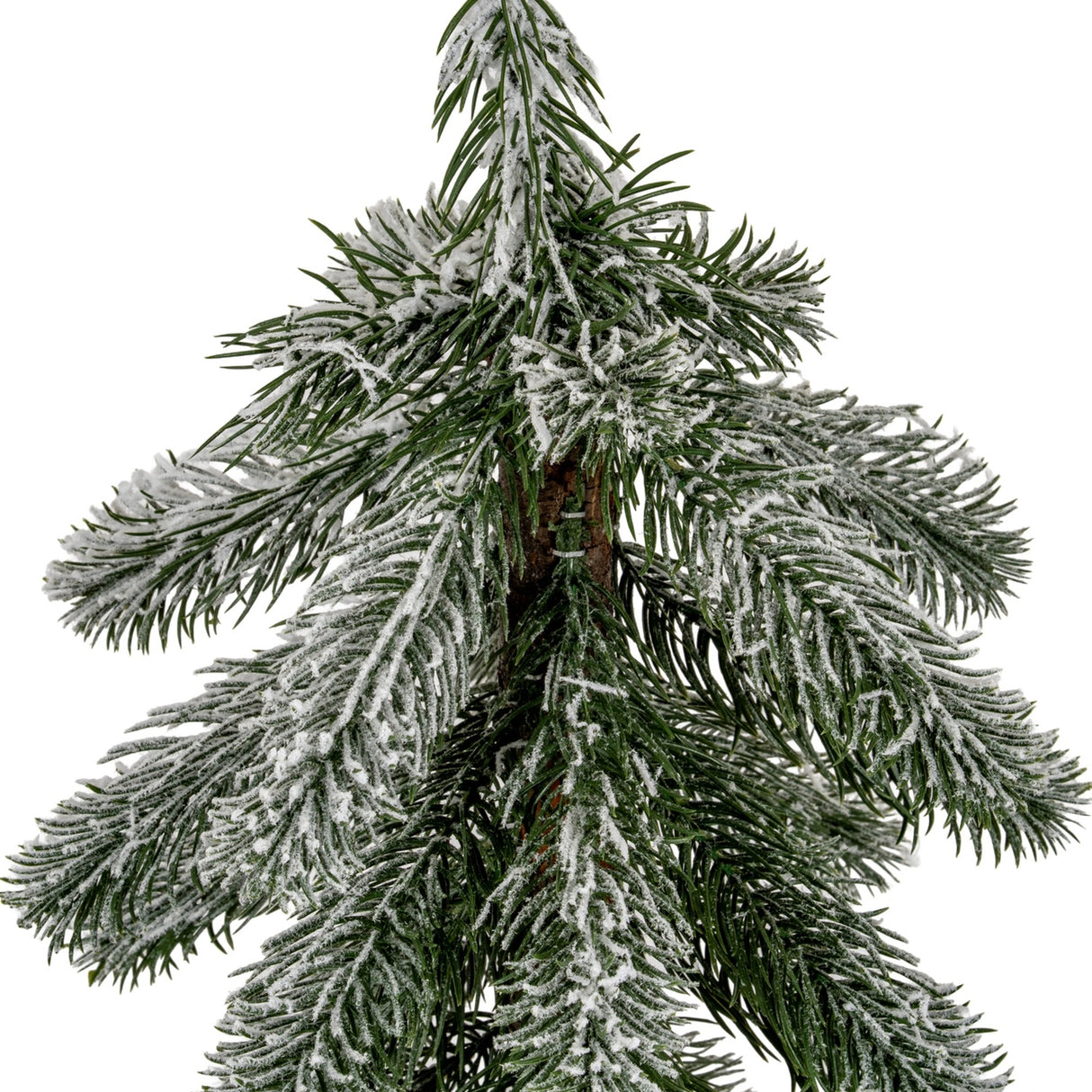 Close-up of Hill Interiors Small Snowy Pine Tree showing layered green plastic branches with a white snowy dusting around the central trunk.