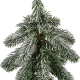 Close-up of Hill Interiors Small Snowy Pine Tree showing layered green plastic branches with a white snowy dusting around the central trunk.