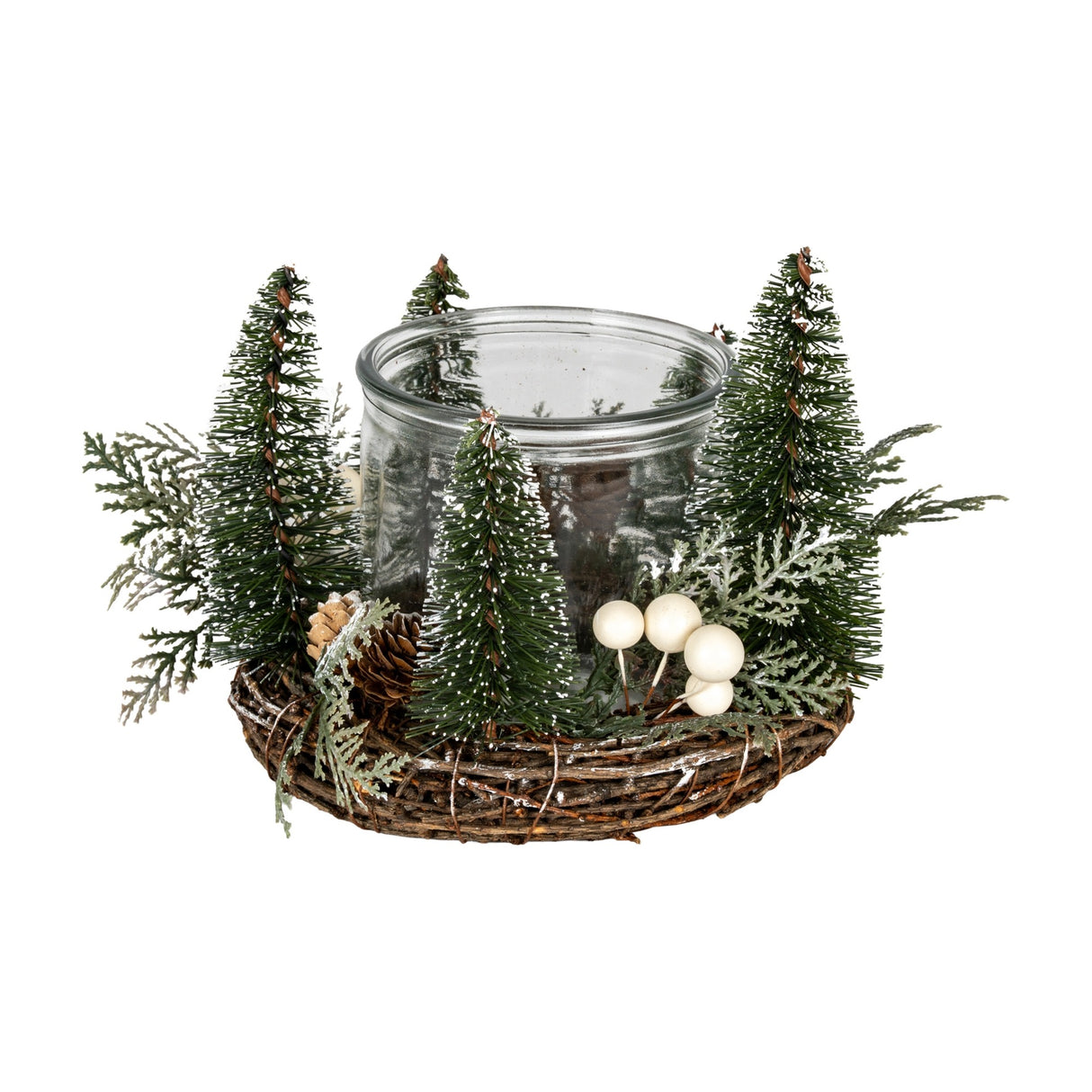 Hill Interiors Medium Brush Tree Candle Wreath with pinecones, white berries and green faux fir around a clear glass jar on a twig base.