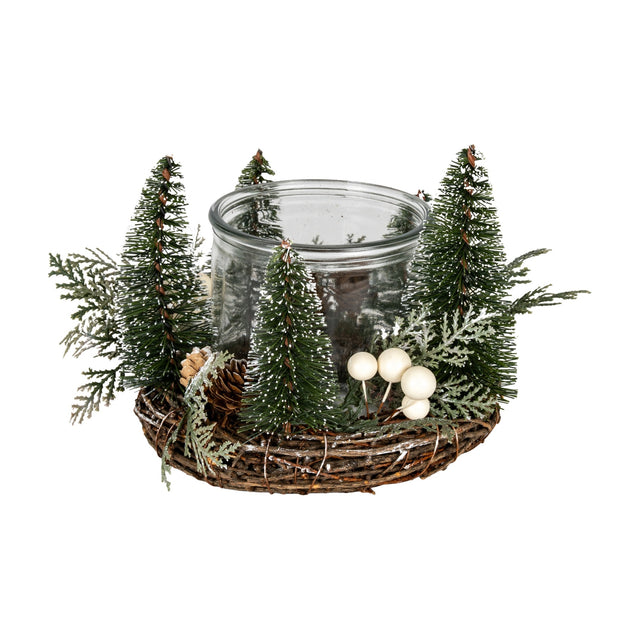 Hill Interiors Medium Brush Tree Candle Wreath with pinecones, white berries and green faux fir around a clear glass jar on a twig base.