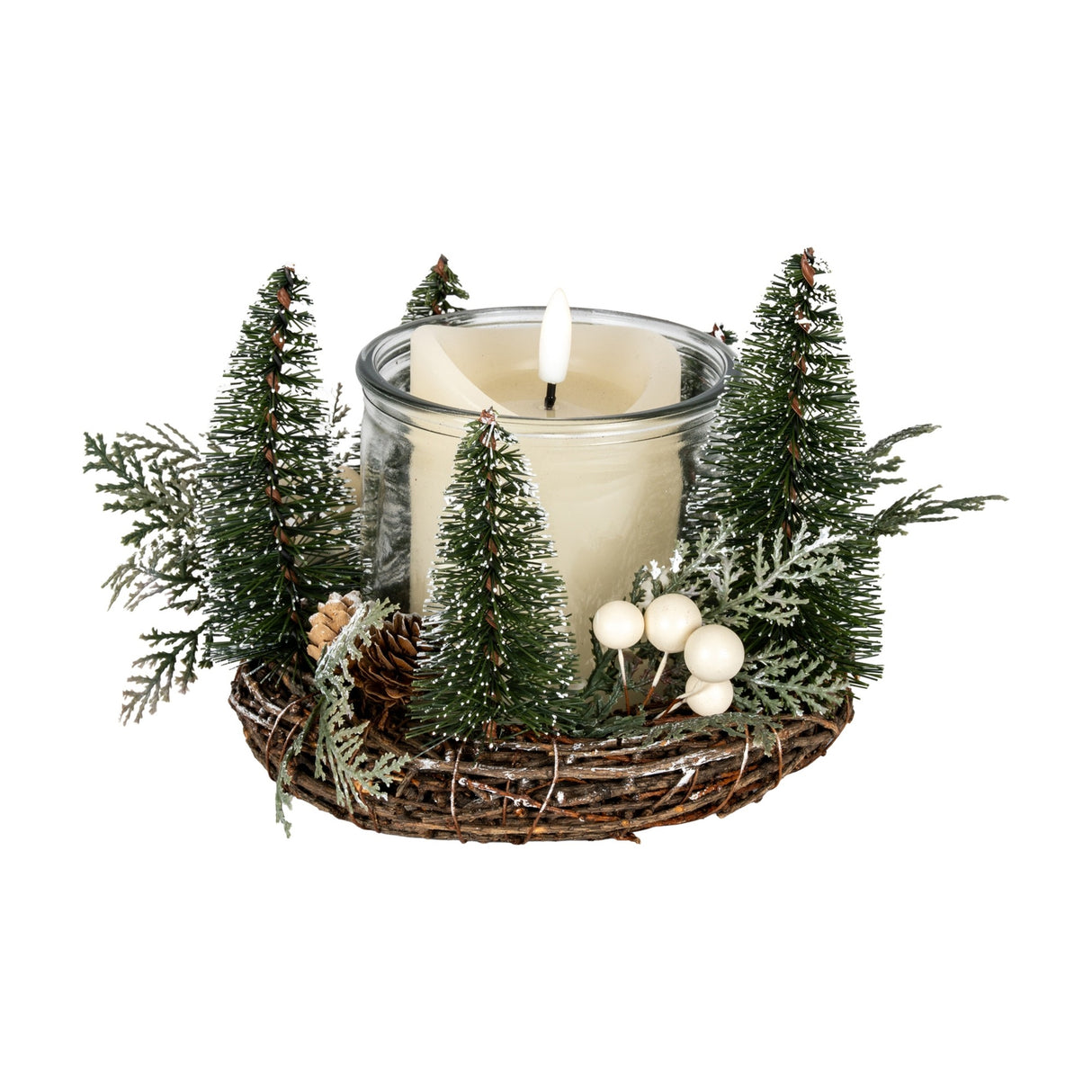 Hill Interiors Medium Brush Tree Candle Wreath with green bristle trees, pinecones and white berries framing a lit pillar candle in a glass holder.