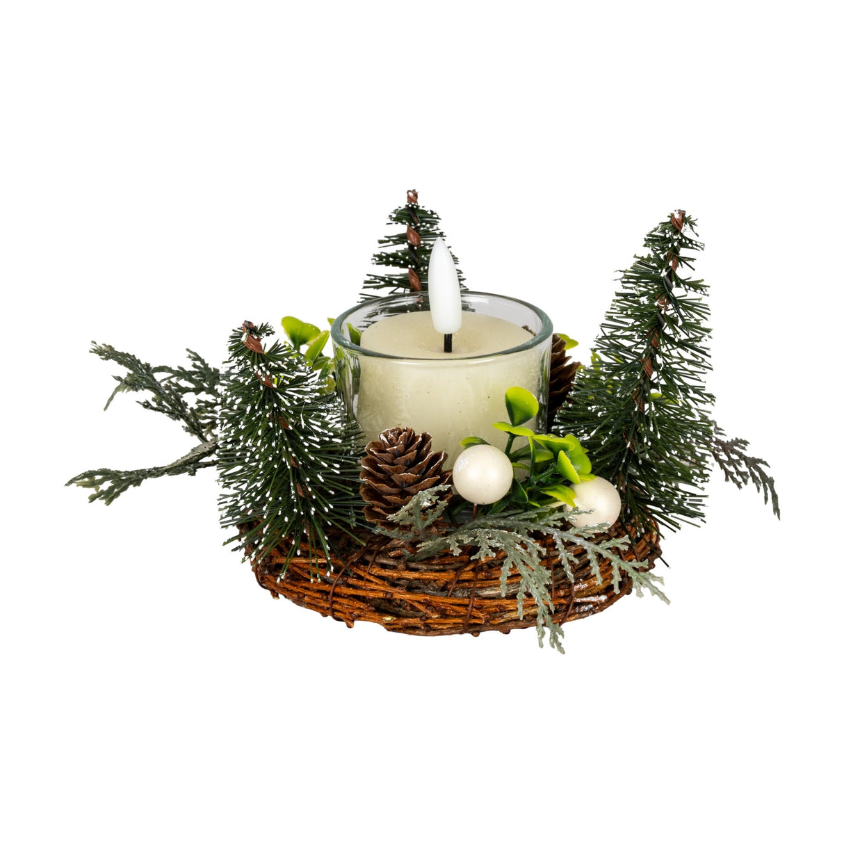 Hill Interiors Small Brush Tree Candle Wreath with green brush foliage, pinecones and berries around a lit pillar candle in a glass holder.