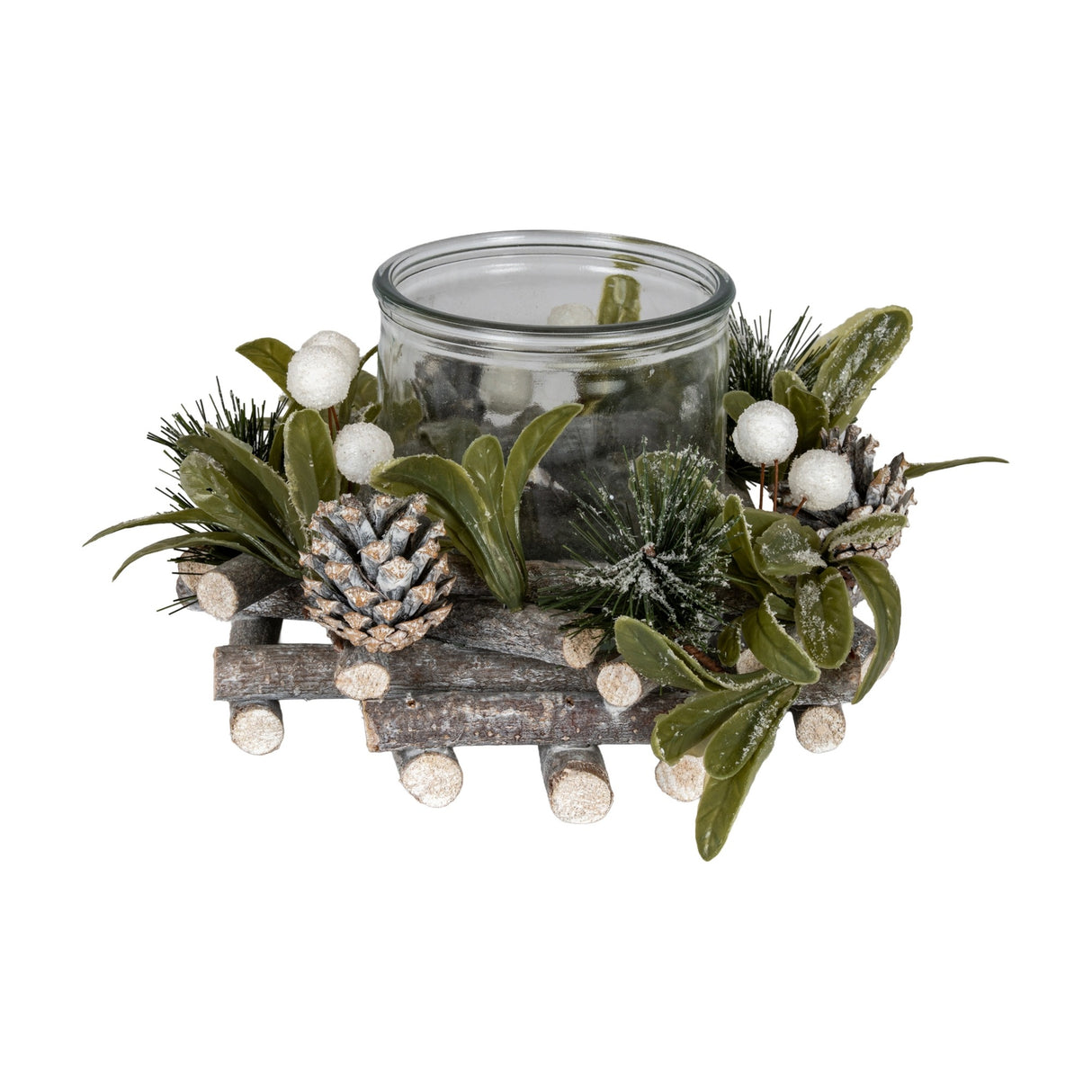 Hill Interiors Frosted Mistletoe and Pine Candle Wreath in white with glass hurricane jar, pinecones and twig base on a plain background.