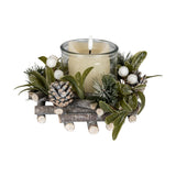 Hill Interiors Frosted Mistletoe and Pine Candle Wreath in white with pinecones and berries around a glass jar candle on a plain background.