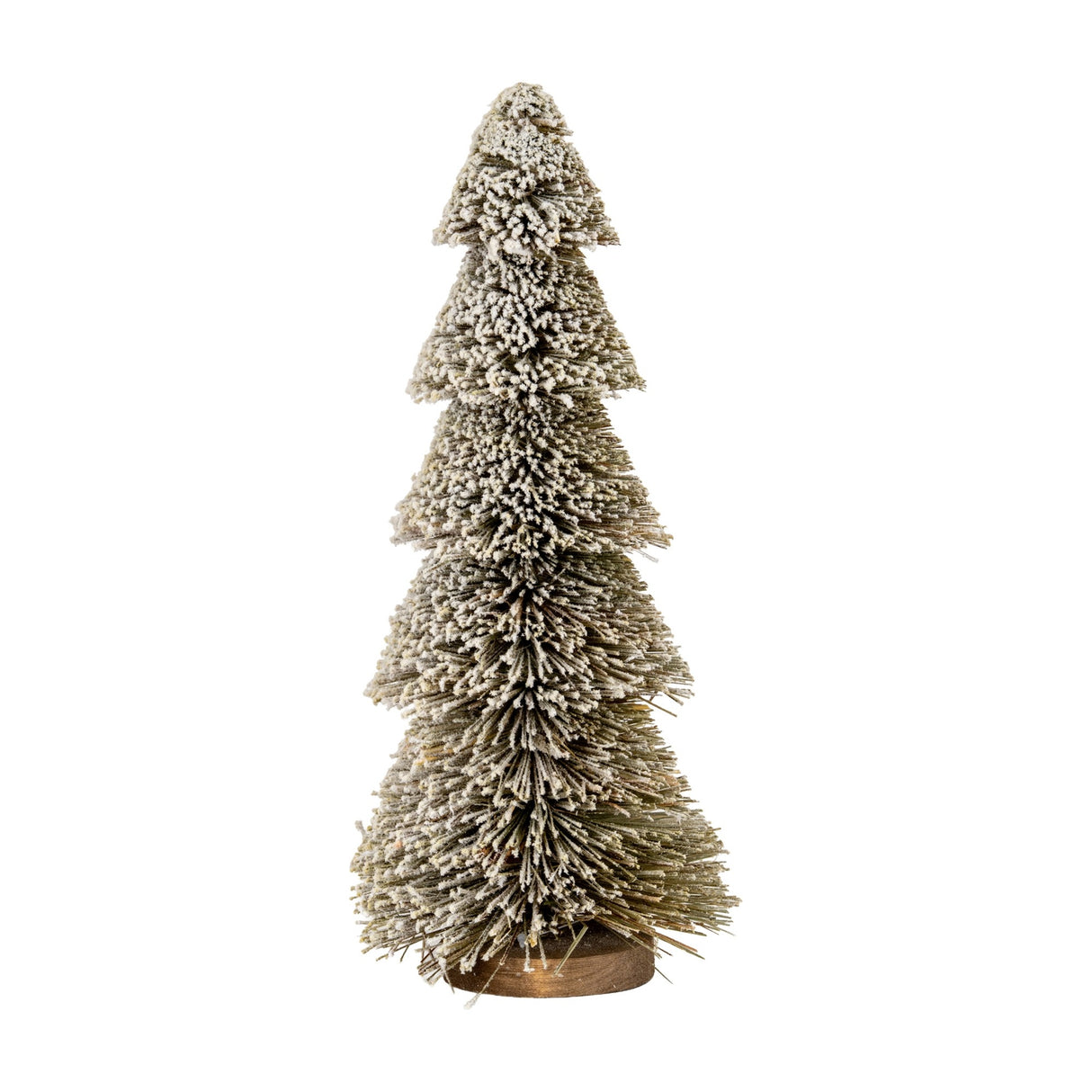 Hill Interiors Large Tiered Snowy Brush Tree in brown with graduated bristle tiers, snow-dusted tips and a small wooden base, on a white background.