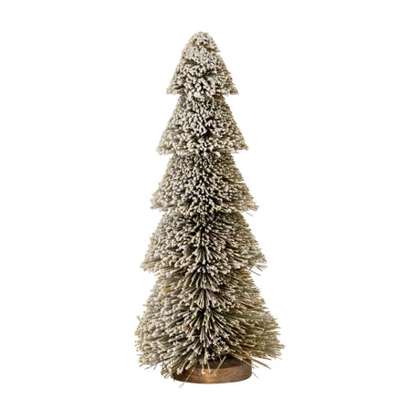Hill Interiors Large Tiered Snowy Brush Tree in brown with graduated bristle tiers, snow-dusted tips and a small wooden base, on a white background.