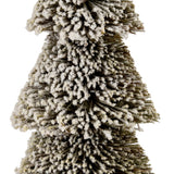 Close-up of Hill Interiors Large Tiered Snowy Brush Tree in brown, showing densely packed bristle branches dusted with white snowy flocking across the tiers.