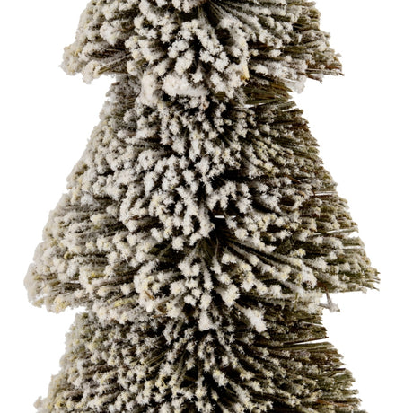 Close-up of Hill Interiors Large Tiered Snowy Brush Tree in brown, showing densely packed bristle branches dusted with white snowy flocking across the tiers.