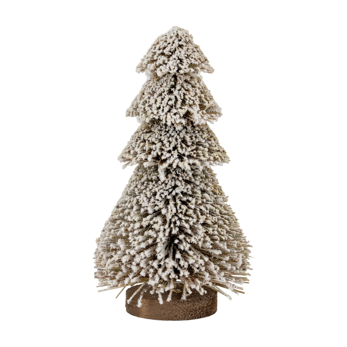 Hill Interiors Medium Tiered Snowy Brush Tree in brown, a tiered bristle Christmas tree with frosted white tips and wooden base on a plain background.