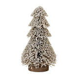 Hill Interiors Medium Tiered Snowy Brush Tree in brown, a tiered bristle Christmas tree with frosted white tips and wooden base on a plain background.