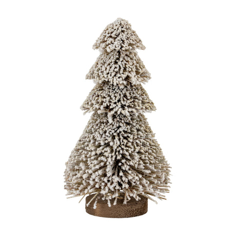 Hill Interiors Medium Tiered Snowy Brush Tree in brown, a tiered bristle Christmas tree with frosted white tips and wooden base on a plain background.