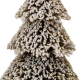 Close-up of the Hill Interiors Medium Tiered Snowy Brush Tree in brown, showing frosted white snowy tips on graduated bristled tiers against a white background.