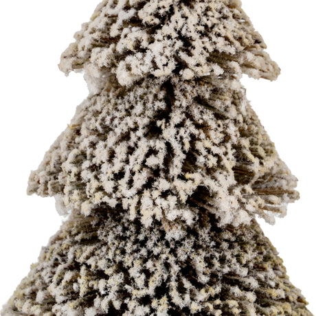 Close-up of the Hill Interiors Medium Tiered Snowy Brush Tree in brown, showing frosted white snowy tips on graduated bristled tiers against a white background.