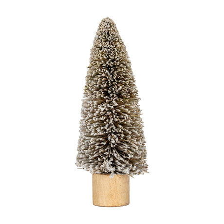 Hill Interiors Medium Frosted Cone Brush Tree in brown with snow-dusted bristles on a small wooden base, shown against a plain white background.