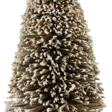 Close-up of the Hill Interiors Medium Frosted Cone Brush Tree in brown, showing densely packed bristle fibres dusted with white frosting on a plain background.