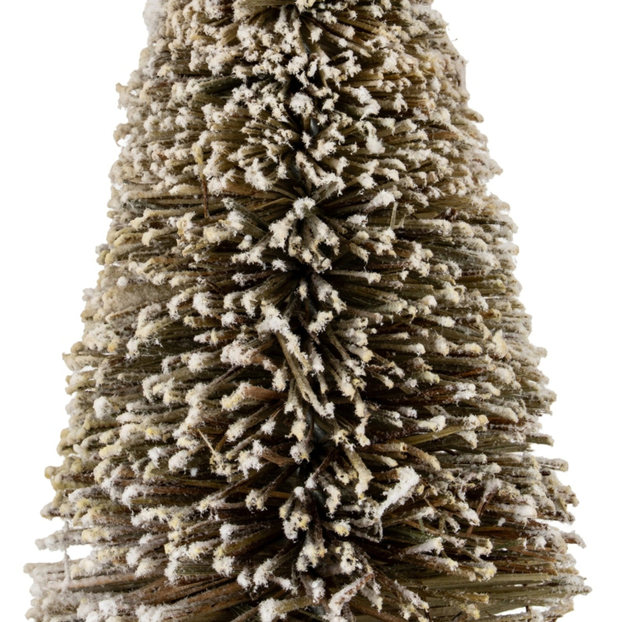 Close-up of the Hill Interiors Large Frosted Cone Brush Tree in brown, showing tightly bound bristles with a white frosted snow finish on a plain background.