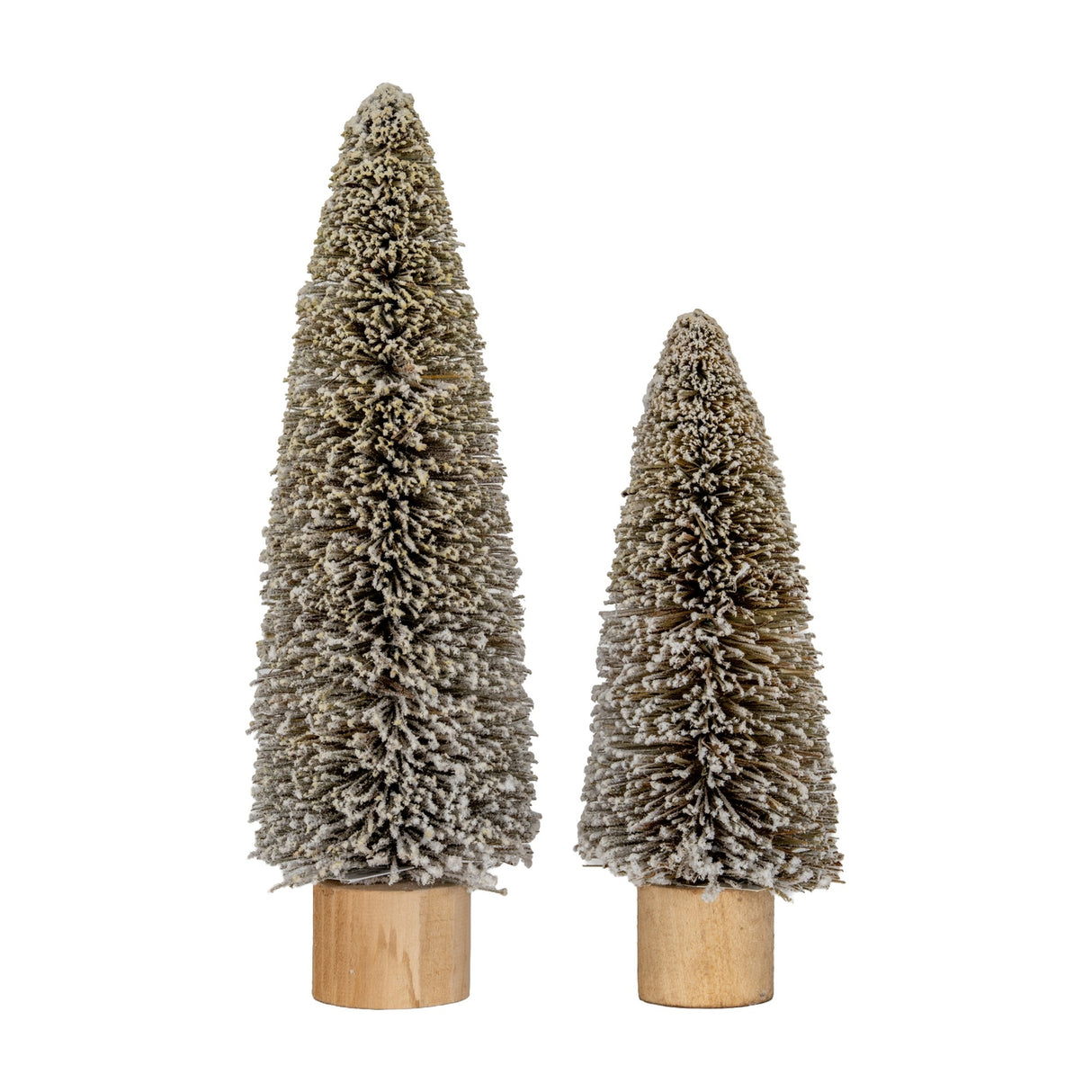 Hill Interiors Large Frosted Cone Brush Tree in brown, shown as a pair of frosted bristle cones on wooden bases against a plain white background.