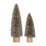 Hill Interiors Large Frosted Cone Brush Tree in brown, shown as a pair of frosted bristle cones on wooden bases against a plain white background.