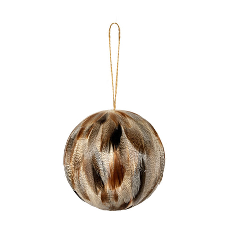 Hill Interiors Large Fawn Feathered Bauble in brown, a round Christmas ornament layered with natural feathers and a jute hanging loop, on a white background.
