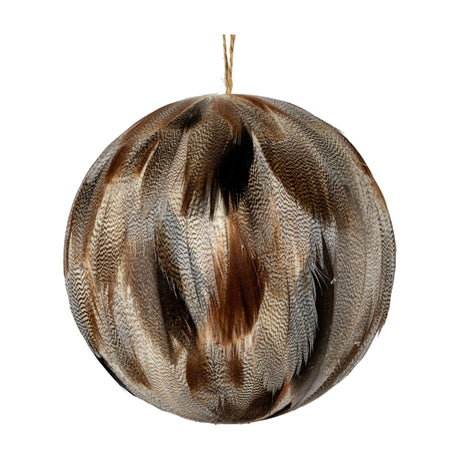 Hill Interiors Large Fawn Feathered Bauble in brown with layered natural feathers over a round form, hung by jute string against a white background.