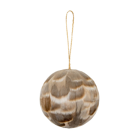 Hill Interiors Medium Feathered Bauble in brown, a round Christmas ornament layered with fawn feathers and a jute cord loop, on a white background.