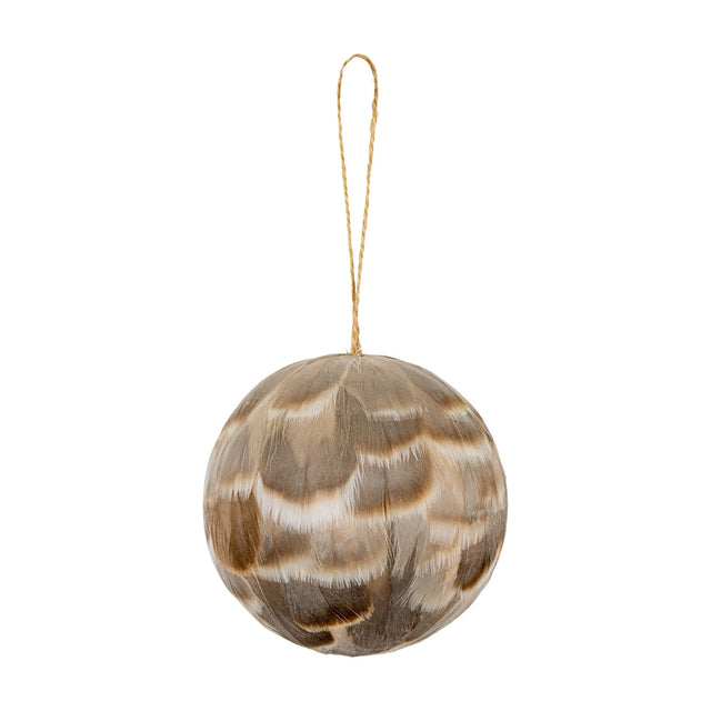 Hill Interiors Medium Feathered Bauble in brown, a round Christmas ornament layered with fawn feathers and a jute cord loop, on a white background.