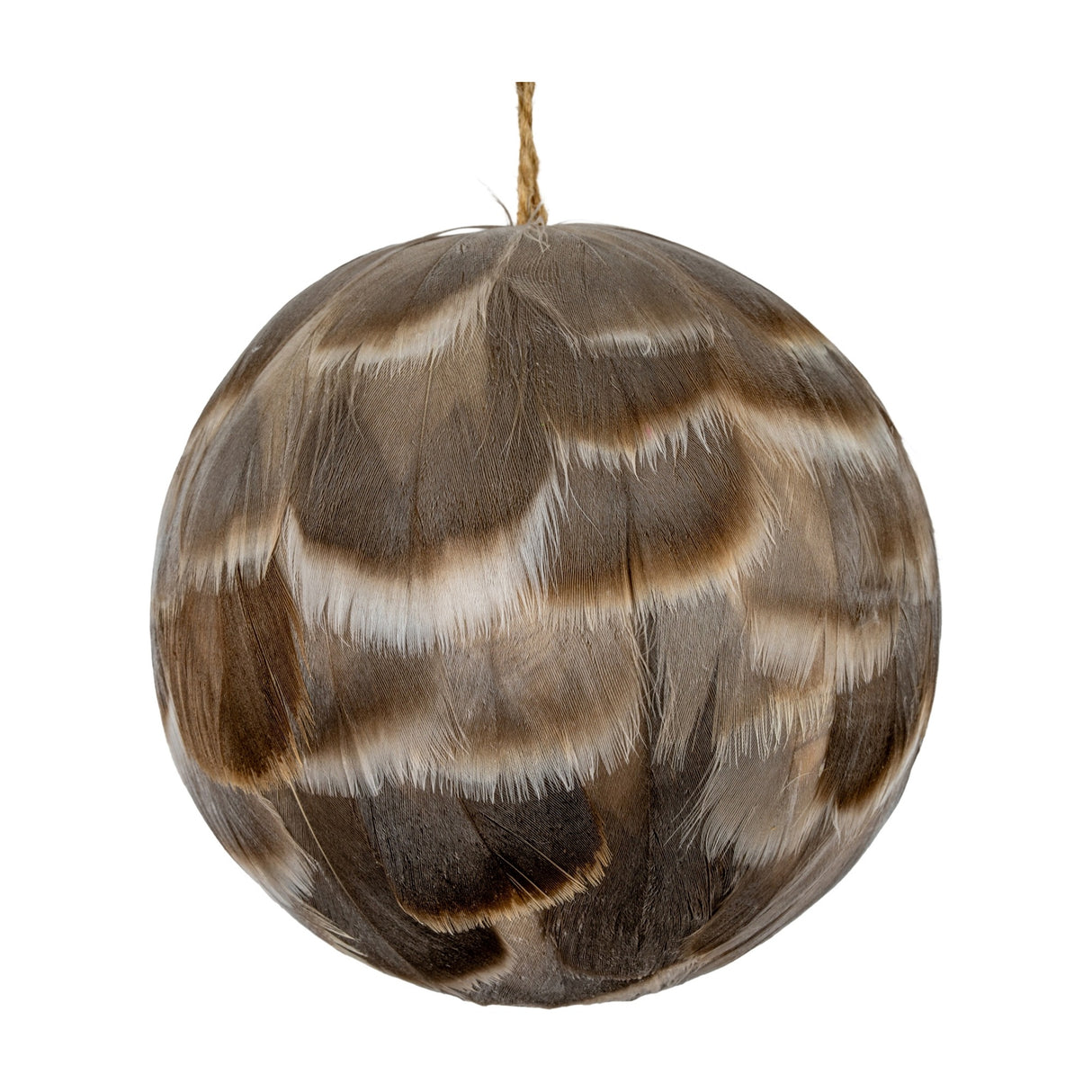 Hill Interiors Medium Feathered Bauble in fawn-brown, a round Christmas ornament layered with fine feathers on a jute cord against a white background.