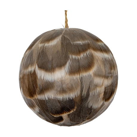 Hill Interiors Medium Feathered Bauble in fawn-brown, a round Christmas ornament layered with fine feathers on a jute cord against a white background.