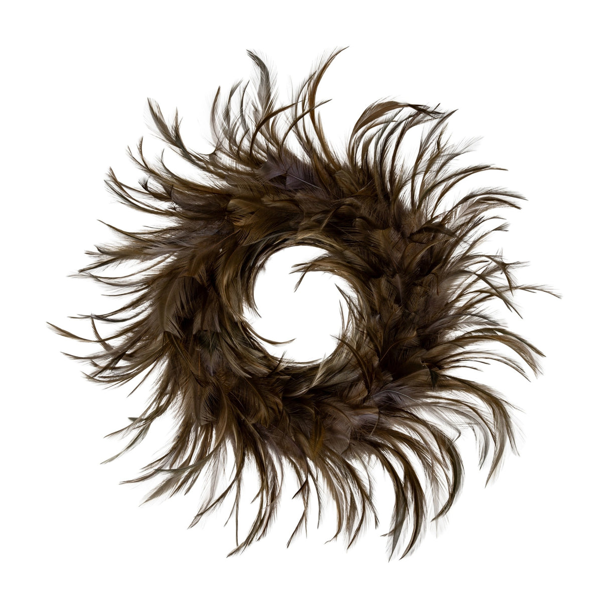 Hill Interiors Feather Candle Wreath in brown, a round faux feather and foliage table wreath with an open centre, shown on a plain white background.