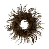 Hill Interiors Feather Candle Wreath in brown, a round faux feather and foliage table wreath with an open centre, shown on a plain white background.