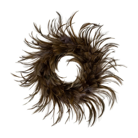 Hill Interiors Feather Candle Wreath in brown, a round faux feather and foliage table wreath with an open centre, shown on a plain white background.