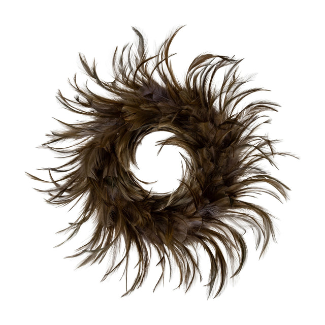 Hill Interiors Feather Candle Wreath in brown, a round faux feather and foliage table wreath with an open centre, shown on a plain white background.