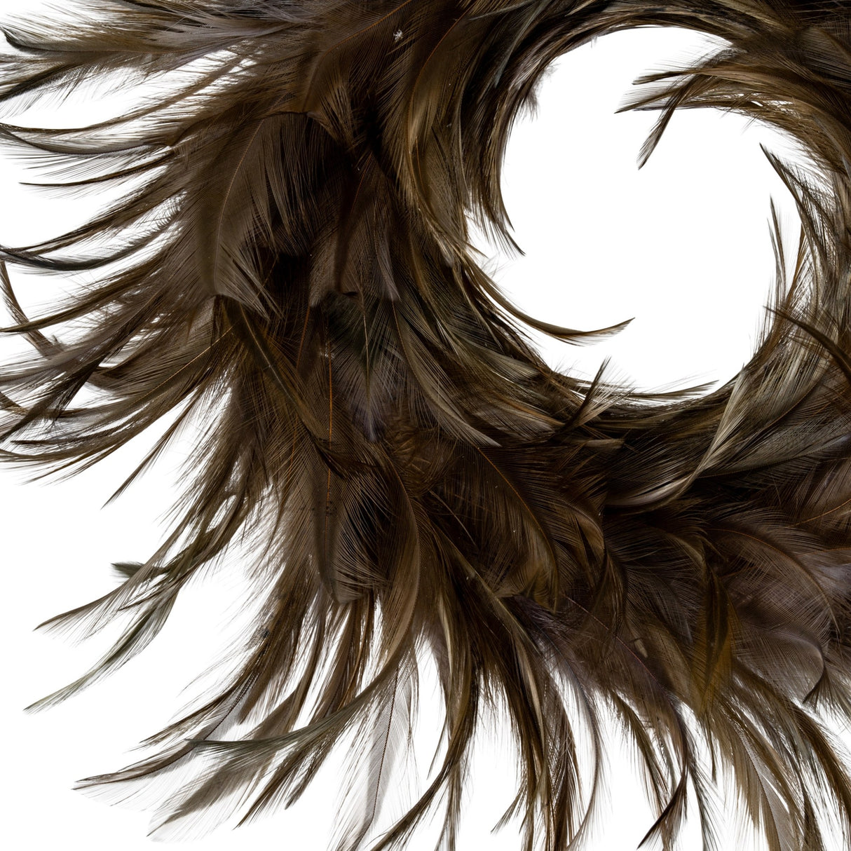 Hill Interiors Feather Candle Wreath in brown, a round faux feather and foliage ring with soft wispy fronds, shown on a plain white background.