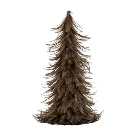 Hill Interiors Small Fawn Feather Tree in warm brown, a tapered Christmas decoration made from layered natural feathers, shown against a plain white background.