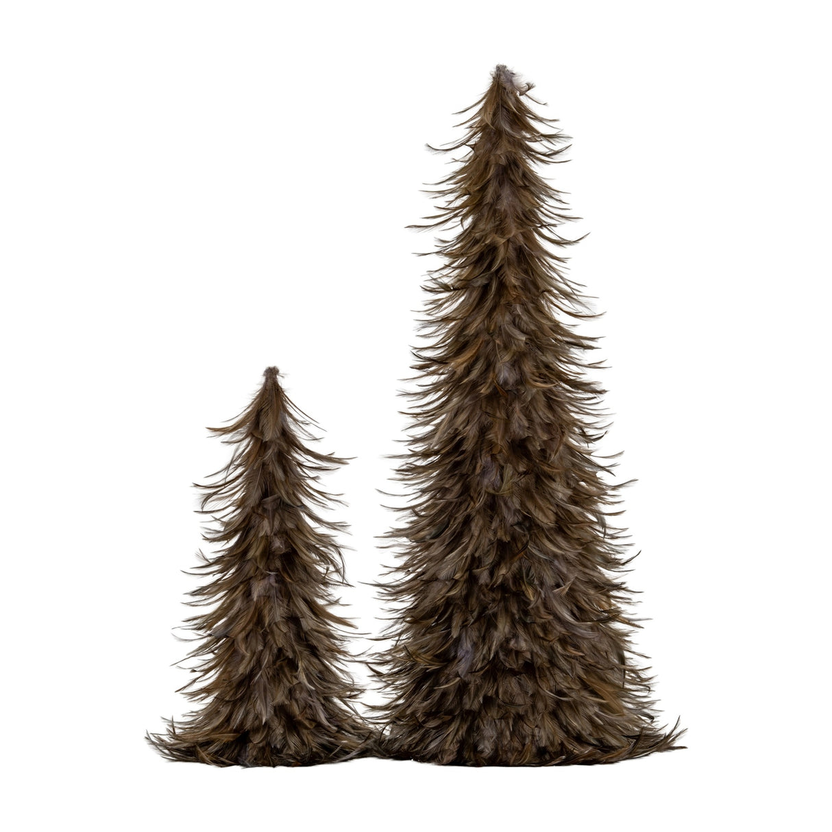 Hill Interiors Small Fawn Feather Tree in brown shown beside a taller feather tree, both tapered with layered natural feathers, on a plain white background.