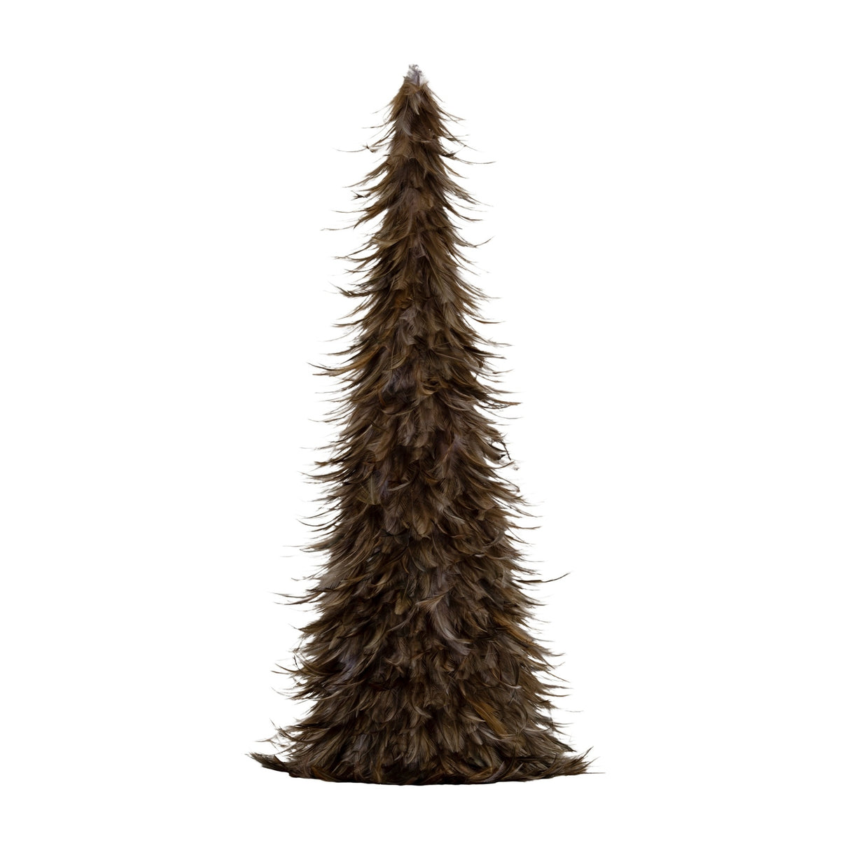 Hill Interiors Large Faux Feather Tree in brown, a tall conical Christmas tree with layered feather-style fronds on a plain white background.