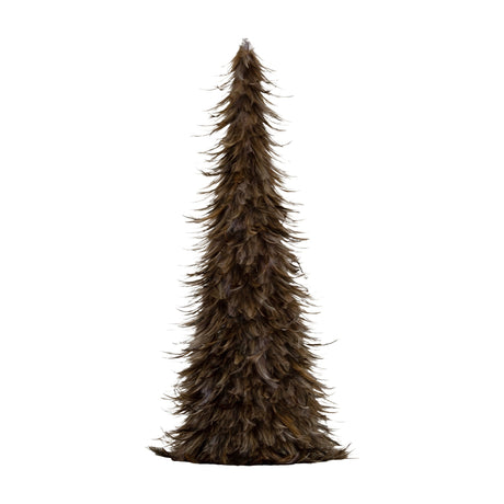 Hill Interiors Large Faux Feather Tree in brown, a tall conical Christmas tree with layered feather-style fronds on a plain white background.