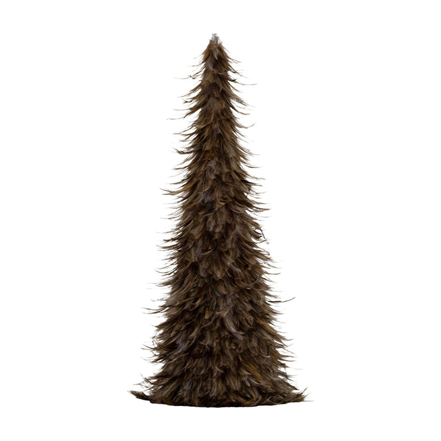 Hill Interiors Large Faux Feather Tree in brown, a tall conical Christmas tree with layered feather-style fronds on a plain white background.