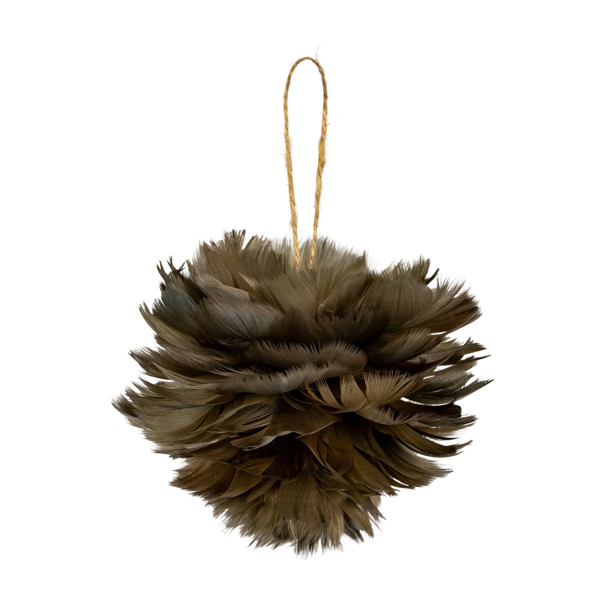 Hill Interiors medium fawn feather ball Christmas decoration in brown with layered natural feathers and a jute hanging loop, shown on a plain white background.