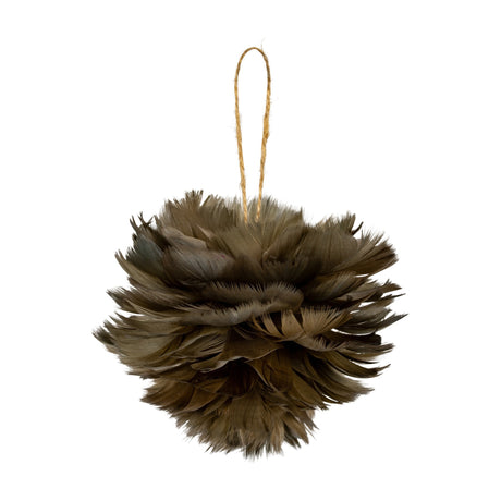 Hill Interiors medium fawn feather ball Christmas decoration in brown with layered natural feathers and a jute hanging loop, shown on a plain white background.