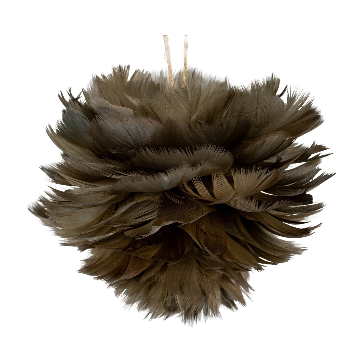 Hill Interiors medium fawn feather ball decoration in brown, layered natural feathers on a rounded form with a twine hanging loop, shown on white.