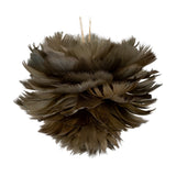 Hill Interiors medium fawn feather ball decoration in brown, layered natural feathers on a rounded form with a twine hanging loop, shown on white.