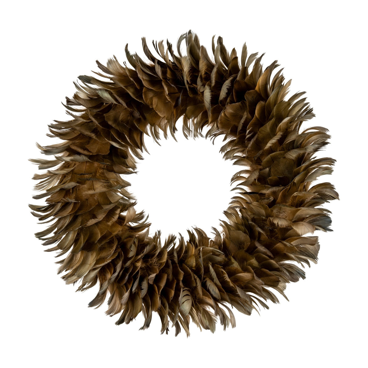 Hill Interiors Fawn Feather Wreath in brown, a round faux feather wreath with layered caramel and deep brown plumes on a circular base, shown on white.
