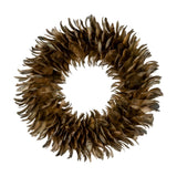 Hill Interiors Fawn Feather Wreath in brown, a round faux feather wreath with layered caramel and deep brown plumes on a circular base, shown on white.
