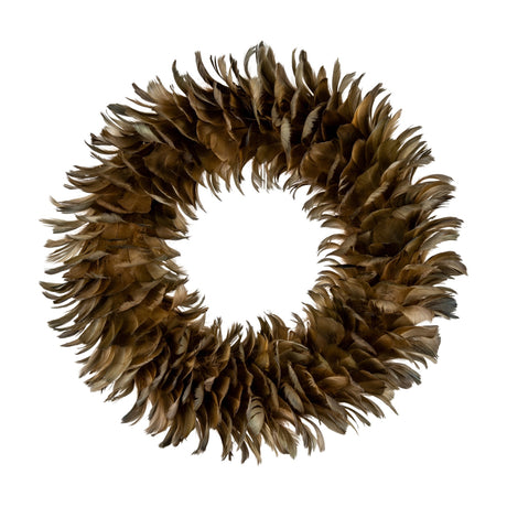 Hill Interiors Fawn Feather Wreath in brown, a round faux feather wreath with layered caramel and deep brown plumes on a circular base, shown on white.
