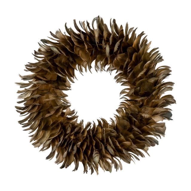 Hill Interiors Fawn Feather Wreath in brown, a round faux feather wreath with layered caramel and deep brown plumes on a circular base, shown on white.