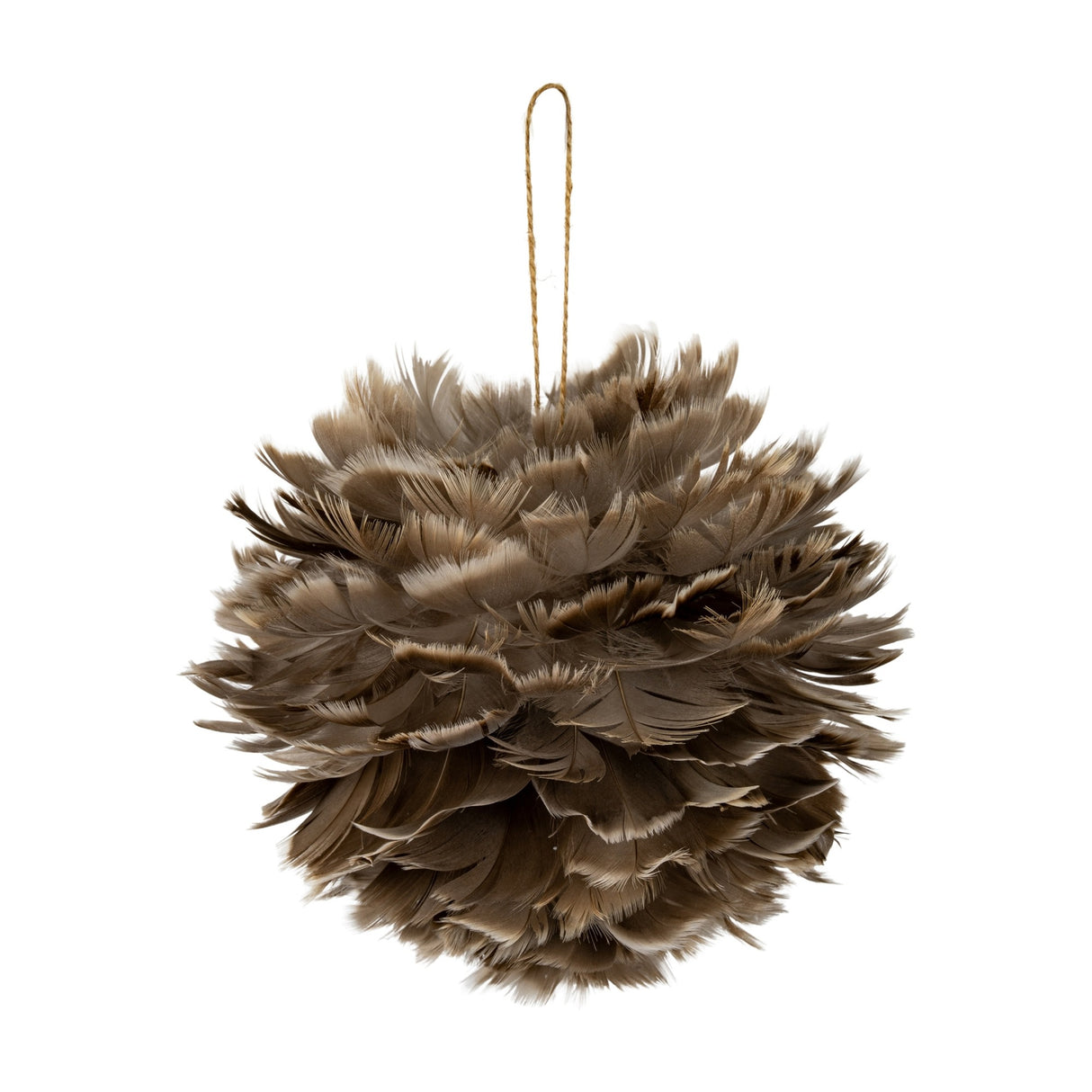 Hill Interiors large feather ball Christmas decoration in layered fawn brown feathers with a jute hanging loop, shown against a plain white background.