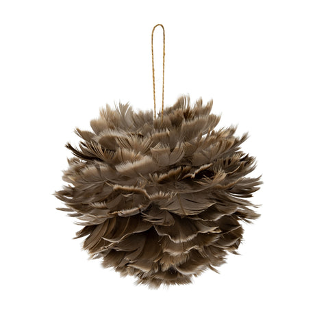 Hill Interiors large feather ball Christmas decoration in layered fawn brown feathers with a jute hanging loop, shown against a plain white background.